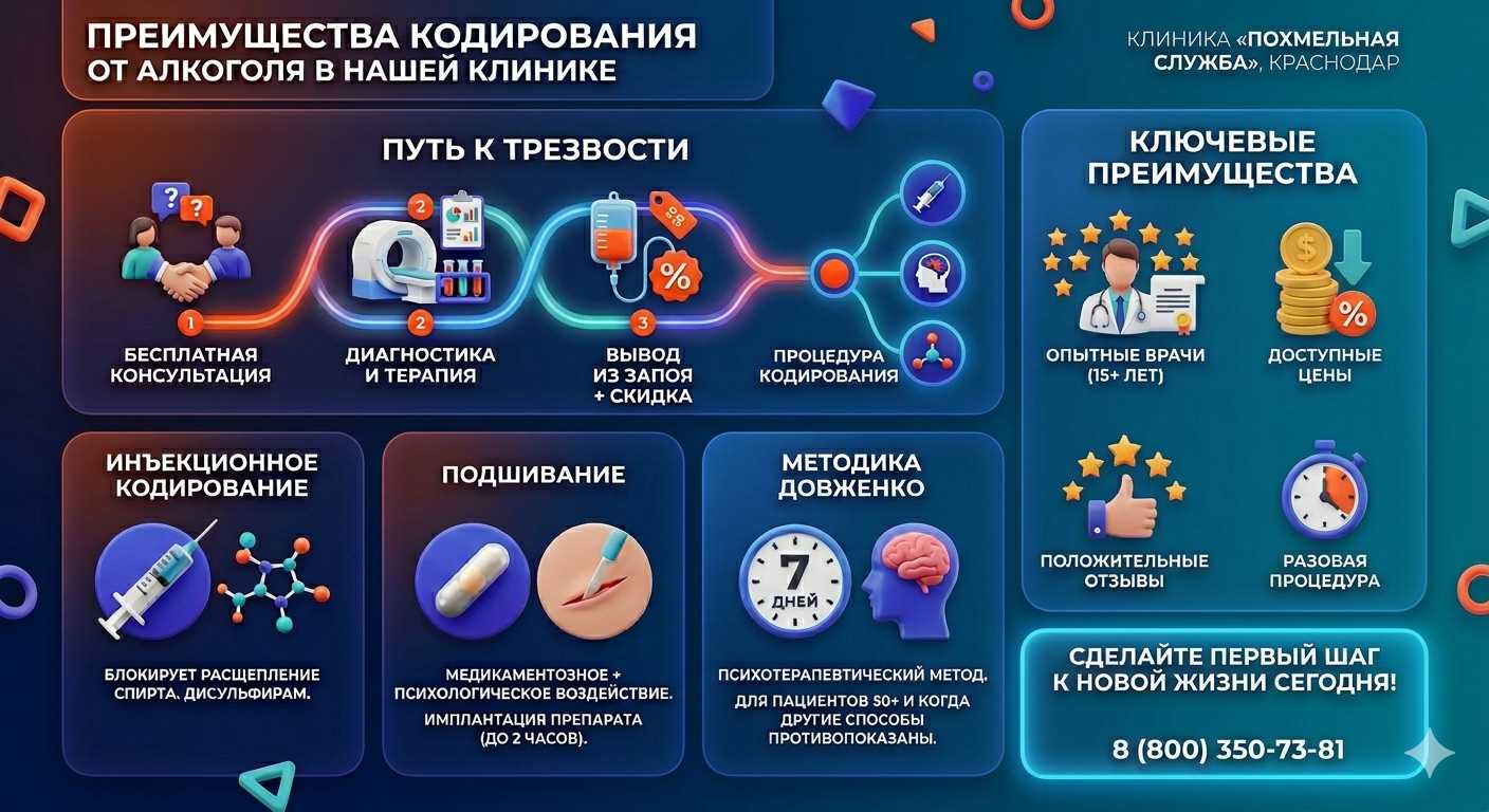 Инфографика о методах кодирования от алкоголя в Евпатории: инъекции, подшивание, метод Довженко. Преимущества клиники и этапы лечения.