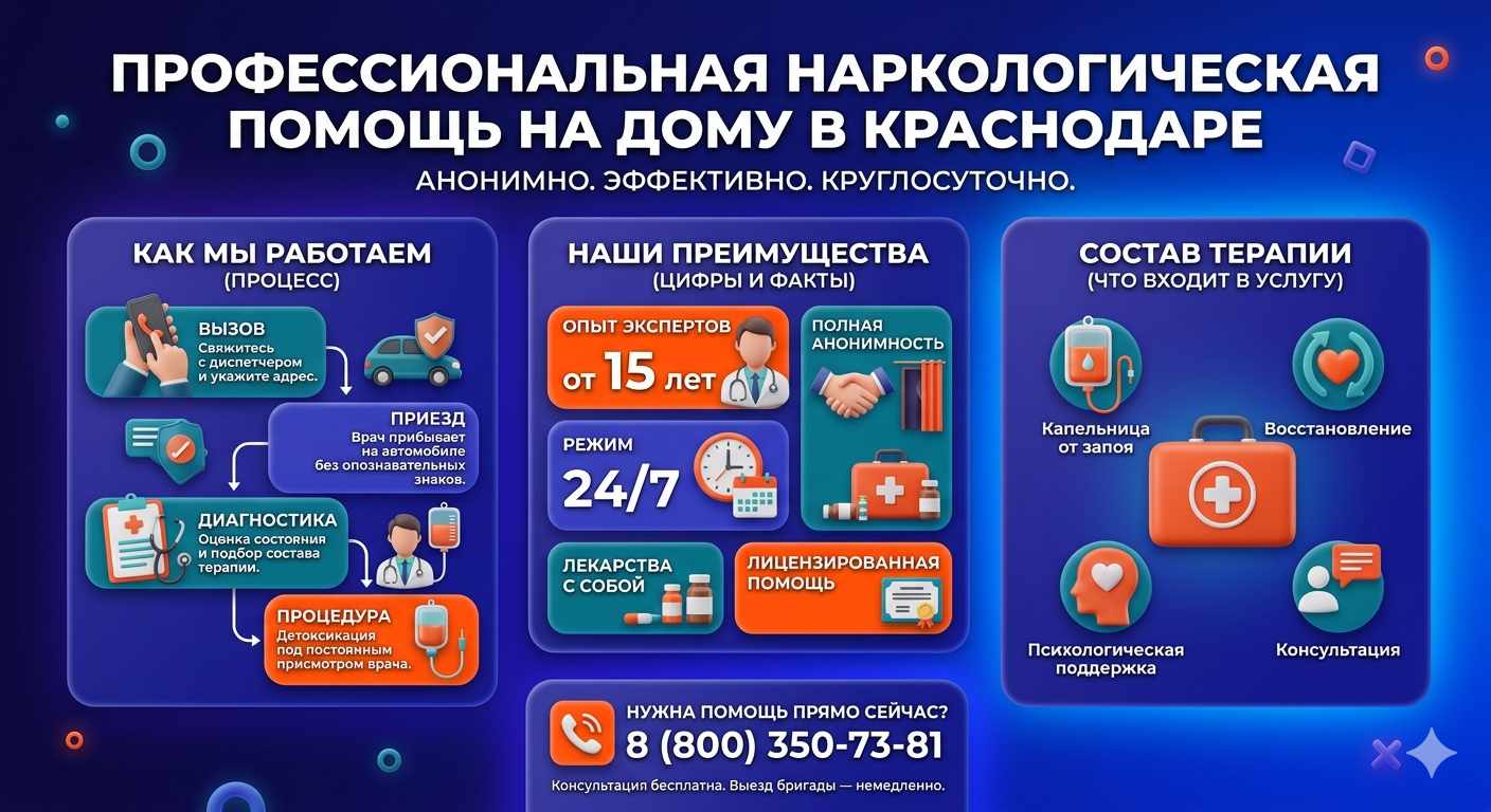 Инфографика о принципах лечения алкоголизма на дому в Евпатории: этапы вызова нарколога, преимущества анонимной детоксикации и состав медицинской помощи.